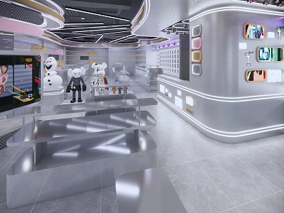 Modern Display Space With Silver Shelves Stuffed Toys And Digital Screens 3d model