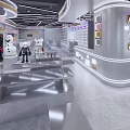 Modern Display Space With Silver Shelves Stuffed Toys And Digital Screens