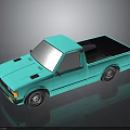 Light Blue 3D Rendered Pickup Truck With Open Bed Black Wheels And Reflective Dark Background