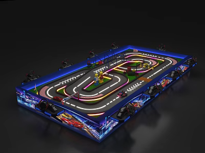 Kids Playground Featuring Neon Lit Curved Track And Colorful Toy Car Rides 3d model