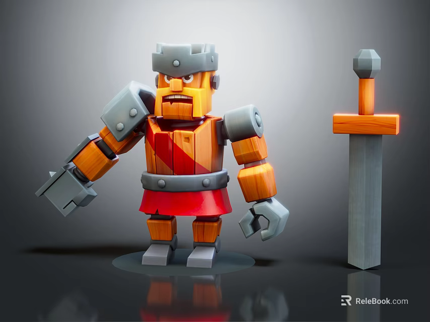 Red And Orange Armored Warrior Character With Gray Helmet And Sword In 3d model 