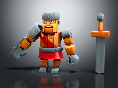 Red And Orange Armored Warrior Character With Gray Helmet And Sword In 3d model
