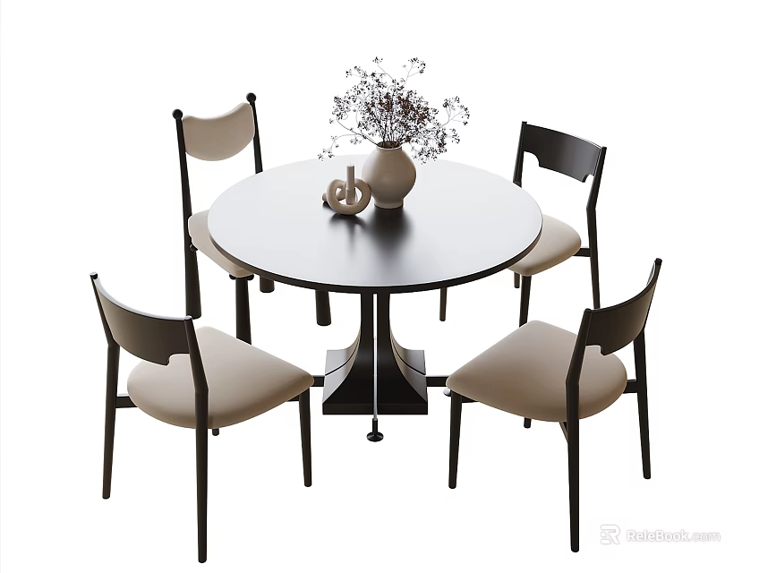 Modern Round Dining Table with Four Chairs Vase and Decorative Items 3d model