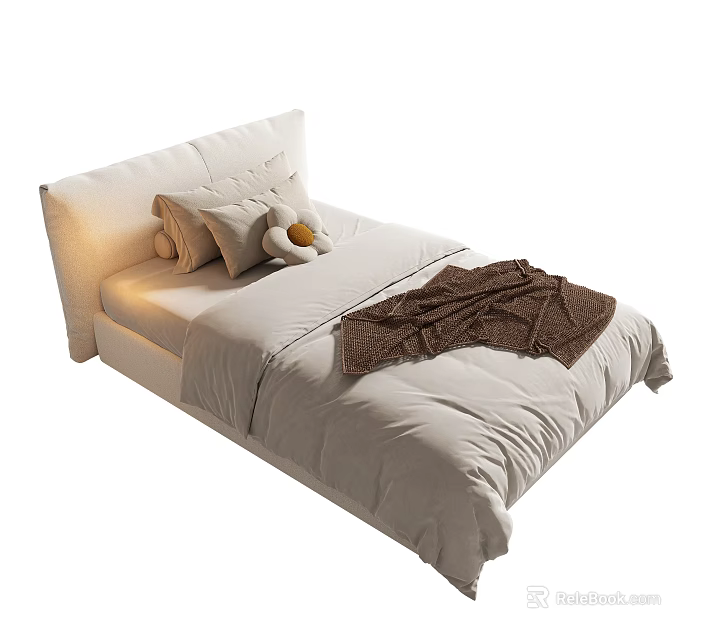 Comfortable Single Bed With White Sheets Pillows Stuffed Toy And Brown Blanket 3d model 