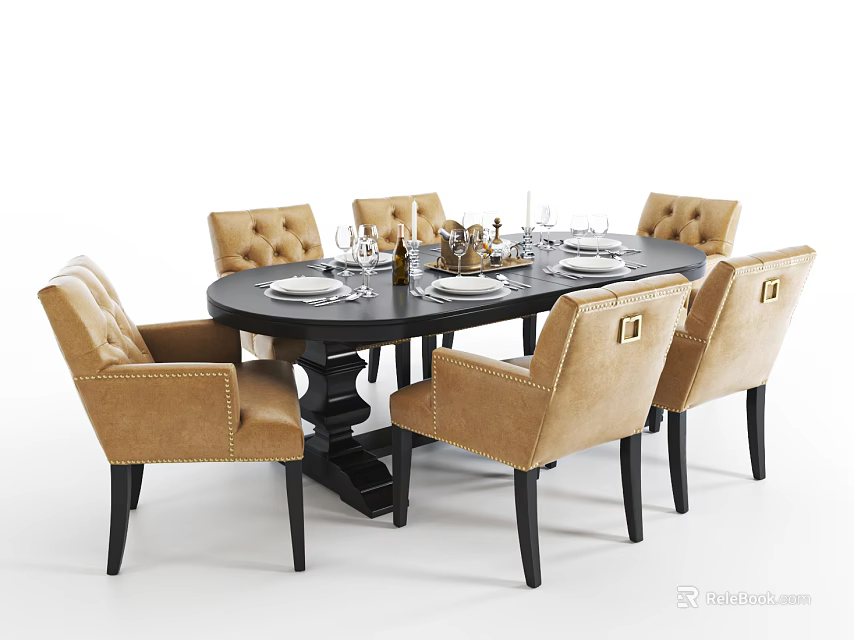 Oval Black Dining Table Set with Six Beige Tufted Chairs and Tableware Decorations 3d model