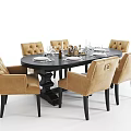 Oval Black Dining Table Set with Six Beige Tufted Chairs and Tableware Decorations 3d model