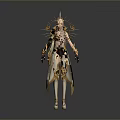 Woman in Elegant Golden Decorated Outfit with Crown Robe and Long Boots