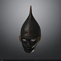 Ancient Decorative Mask With Pointed Conical Top Textured Surface Side Ear Decorations And Pendant