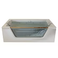 Sleek Modern Bathtub Design With Transparent Glass Panel Brushed Metal Faucet And Calm Water Surface