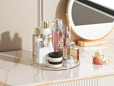 Elegant Modern Perfume And Cosmetics On Marble Counter With Transparent Rotating Organizer Round Mirror 3d model