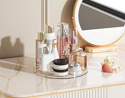 Elegant Modern Perfume And Cosmetics On Marble Counter With Transparent Rotating Organizer Round Mirror 3d model