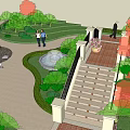 Residential Landscape With Stone Steps Black Railing Green Plants Red Trees And People