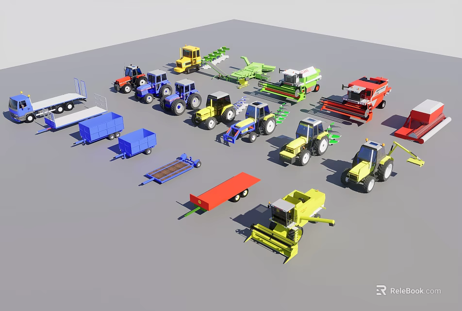 Different Kinds of Farm Agricultural Equipment Including Tractors Harvesters Trailers and Tools 3d model 