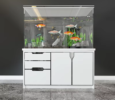 Modern Aquarium Fish Tank With Colorful Fish Aquatic Plants Stones And White Cabinet 3d model