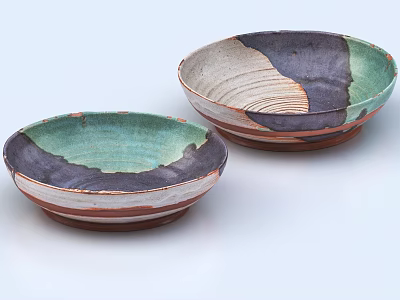 Two Piece Handmade Ceramic Bowl Set With Green Purple Brown Glaze Texture And Artisanal Design 3d model