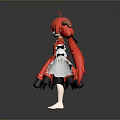 Anime Style Game Movie Character With Red Long Hair Horns Red Dress White Sleeves Black Skirt