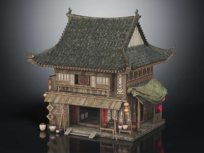 Traditional Chinese Architecture with Classic Tiled Roof Wooden Porch Red Lanterns and Stone Steps 3d model