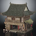 Traditional Chinese Architecture with Classic Tiled Roof Wooden Porch Red Lanterns and Stone Steps