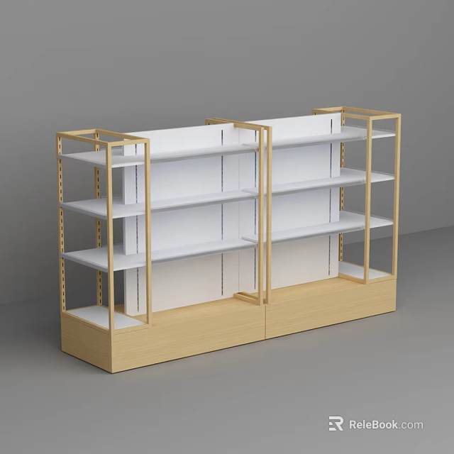 Convenience Store Display Shelving Unit With Wooden Frame And White Shelves 3d model 