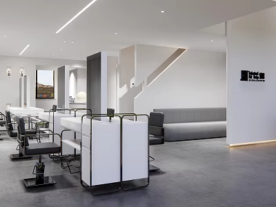 Modern Hair Salon Interior With Styling Chairs White Counter And Gray Sofa 3d model