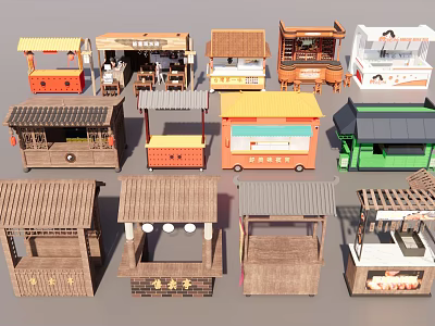 Assorted Traditional And Modern Market Stalls With Colorful Roofs And Designs 3d model