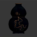 Black Gourd Shaped Carved Sculpture With Golden Intricate Patterns And Smooth Surface