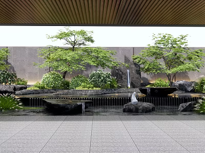 Serene Garden Ornament Design With Trees Green Plants Stones Water Fountain And Paved Floor 3d model