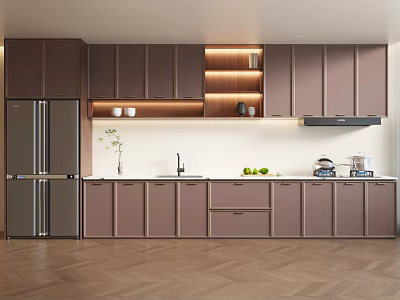 Modern Kitchen Interior With Dark Brown Cabinets Stainless Steel Refrigerator And Herringbone Wooden Floor 3d model