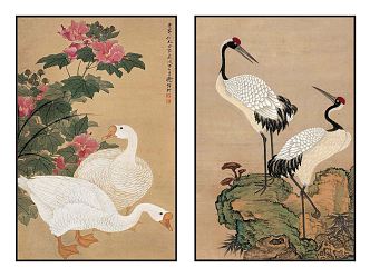 Chinese Animal Painting Elegant Zen White Goose Crane Pattern Hanging Painting Combination 3d model