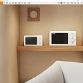 Light Wooden Wall Kitchen With Two Emjoi Microwaves On Wooden Shelf As Kitchen Appliances