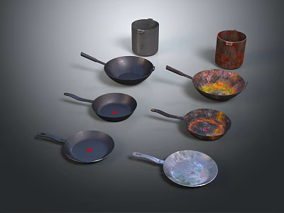 Household Kitchen Items With Various Designed Pans And Decorative Mugs 3d model