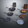 Household Kitchen Items With Various Designed Pans And Decorative Mugs 3d model
