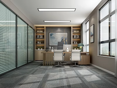 Modern Office Interior Design With Glass Partition Built in Bookshelves Desk And Natural Light 3d model