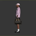 Stylish Man In Pink Cap Cardigan With White Shirt Tie Black Shorts Holding Brown Bag