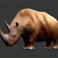Brown Rhinoceros 3D Model With Large Horn On Black Background And Reflection