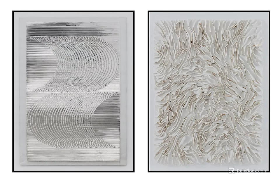 Modern Abstract Paintings With Linear Wave Patterns And Textured Feather Like Designs In Neutral Tones 3d model 