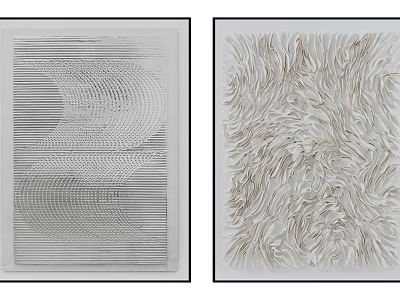 Modern Abstract Paintings With Linear Wave Patterns And Textured Feather Like Designs In Neutral Tones 3d model