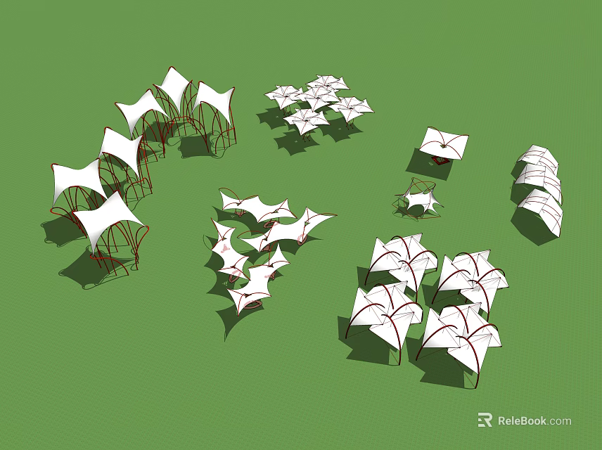Multiple White Tensile Membrane Structures With Red Supports In Outdoor Landscape 3d model