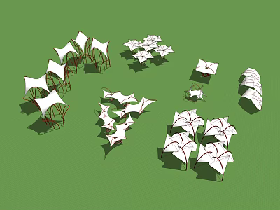 Multiple White Tensile Membrane Structures With Red Supports In Outdoor Landscape 3d model