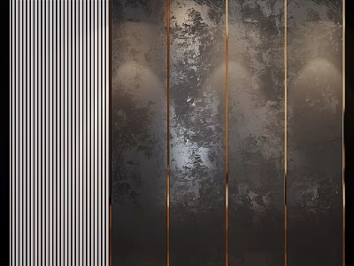 Modern Abstract Painting With Black And White Vertical Stripes Dark Textured Background And Gold Lines 3d model