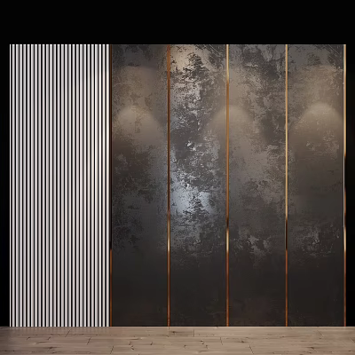 Modern Abstract Painting With Black And White Vertical Stripes Dark Textured Background And Gold Lines 3d model