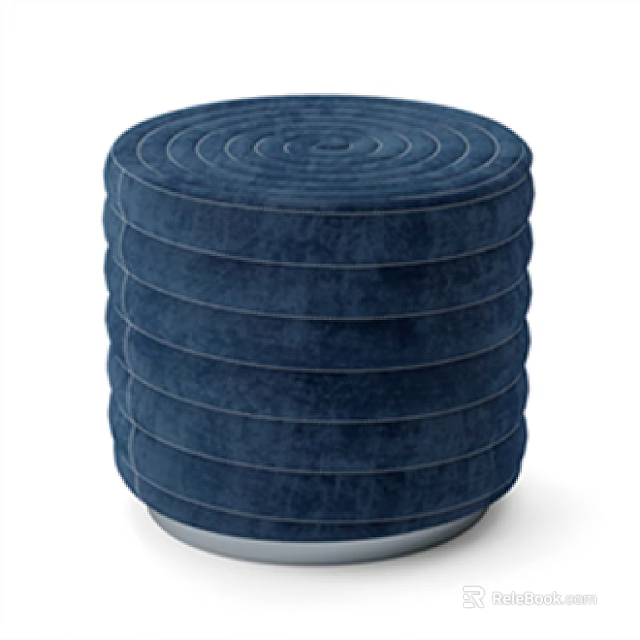 Dark Blue Round Ottoman With Concentric Striped Design And Upholstered Fabric 3d model 