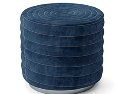 Dark Blue Round Ottoman With Concentric Striped Design And Upholstered Fabric 3d model