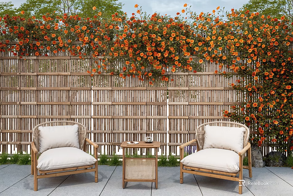 Lush Orange Flower Vines Covering Bamboo Fence With Outdoor Wooden Chairs And Table 3d model 