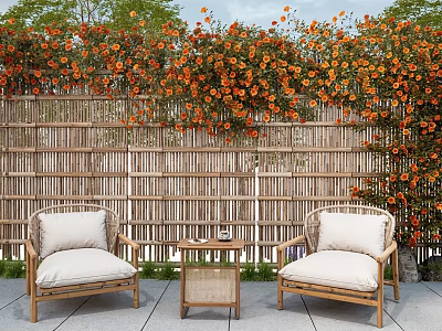 Lush Orange Flower Vines Covering Bamboo Fence With Outdoor Wooden Chairs And Table 3d model
