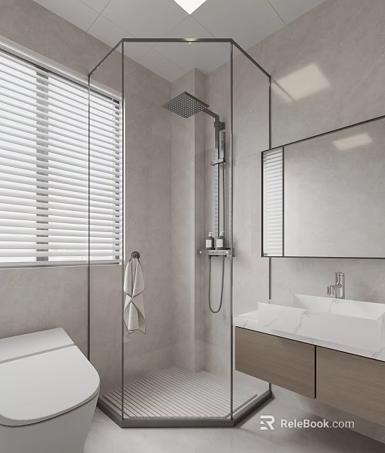 Modern Light Gray Bathroom Interior With Window Blinds Showerhead Mirror And Sink Counter 3d model 