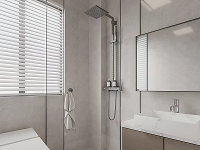 Modern Light Gray Bathroom Interior With Window Blinds Showerhead Mirror And Sink Counter 3d model