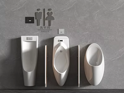 Modern Three Urinals Design With Gray Marble Wall And Restroom Signs 3d model