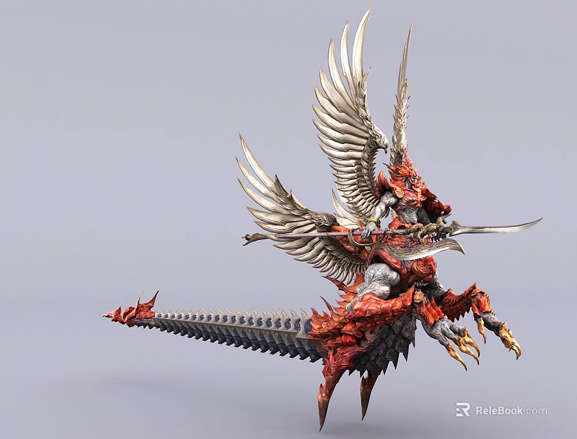 Game And Movie Character Riding Red Winged Creature With Sword And Spikes 3d model 