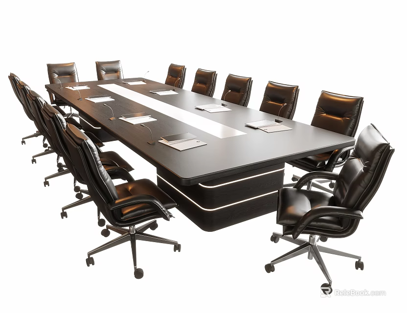 Modern Black Conference Table With Rolling Office Chairs And White Accent 3d model 